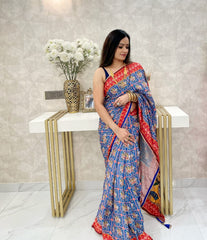 Patola Design Blue Color Saree With Handwork On Pallu