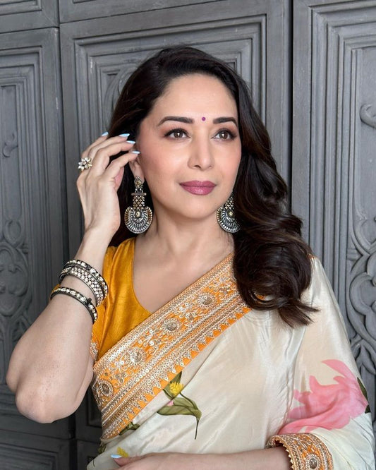 Bollywood Madhuri Dixit Style White Color Saree