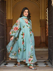 Sky Blue Color Gota Patti Work Digital Printed Gown