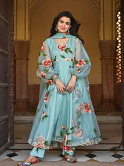 Sky Blue Color Gota Patti Work Digital Printed Gown