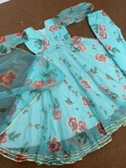 Sky Blue Color Gota Patti Work Digital Printed Gown