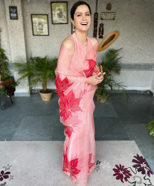 Leaf Print Red Color Organza Silk Lovely Saree