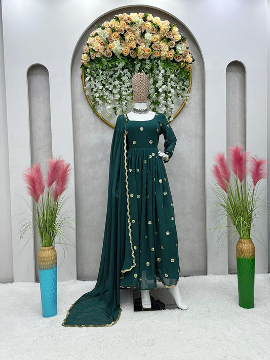 Glossy Dark Green Color Sequence Work Gown