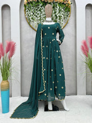 Glossy Dark Green Color Sequence Work Gown