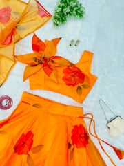 Yellow Color Organza Lehenga With Flower Pattern Blouse