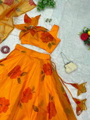 Yellow Color Organza Lehenga With Flower Pattern Blouse
