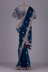 Exotic Navy Blue Color Embroidery Work Saree