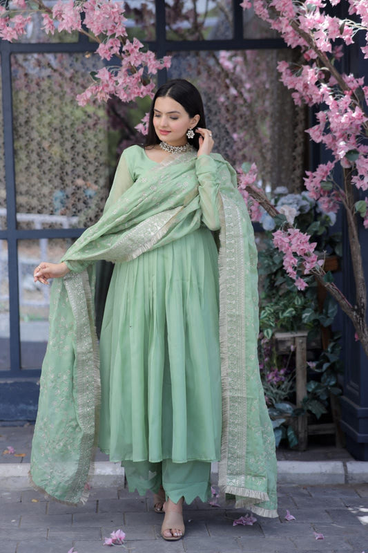 Elegant Pista Color Gown With Embroidered Work Dupatta