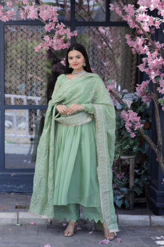Elegant Pista Color Gown With Embroidered Work Dupatta