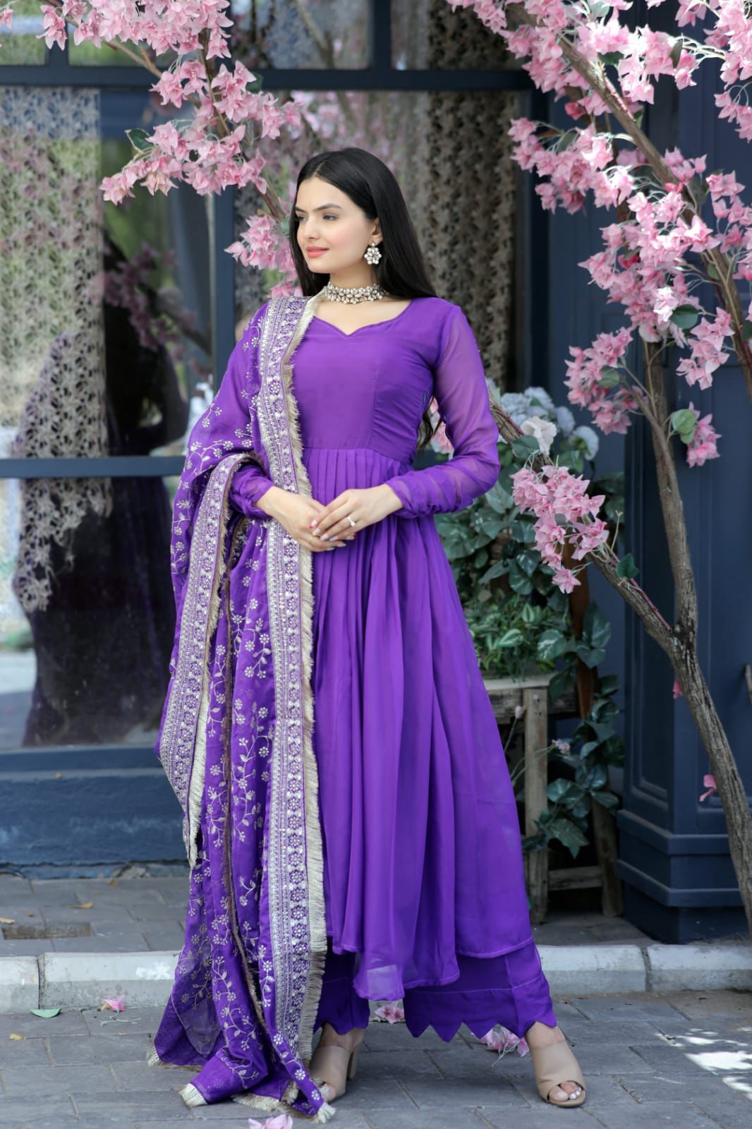 Elegant Purple Color Gown With Embroidered Work Dupatta