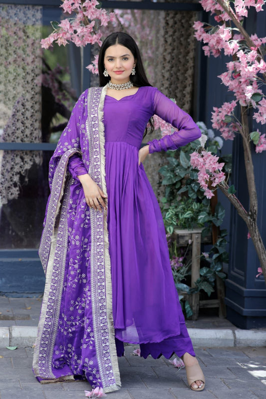 Elegant Purple Color Gown With Embroidered Work Dupatta
