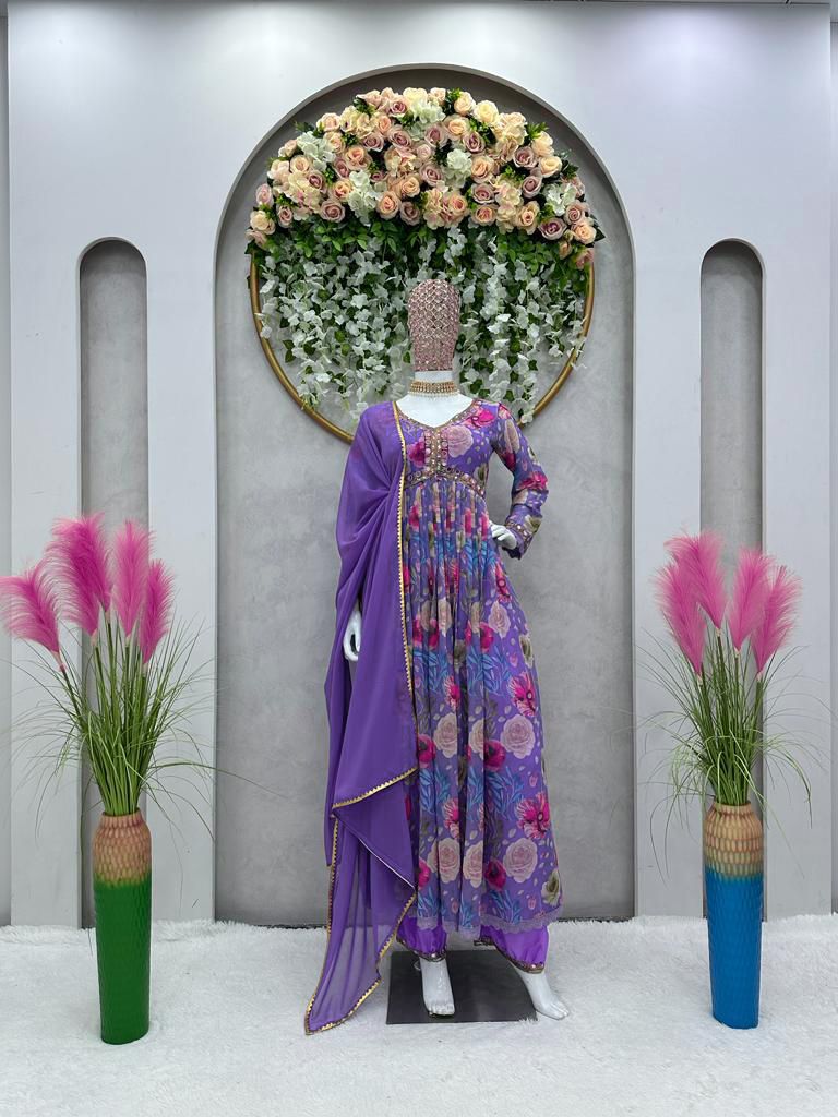 Mirror Work Lavender Color Digital Print Gown