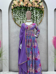 Mirror Work Lavender Color Digital Print Gown