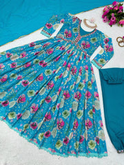 Mirror Work Sky Blue Color Digital Print Gown