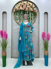 Mirror Work Sky Blue Color Digital Print Gown