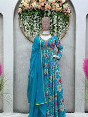 Mirror Work Sky Blue Color Digital Print Gown