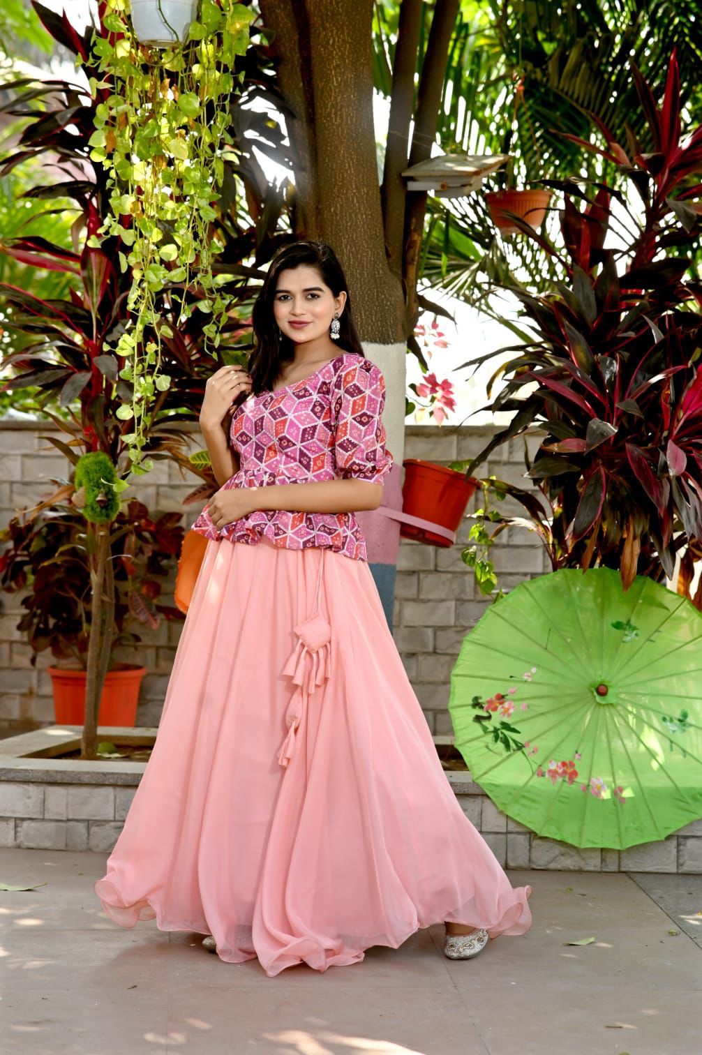 Plain Peach Color Lehenga With Fancy Pattern Top