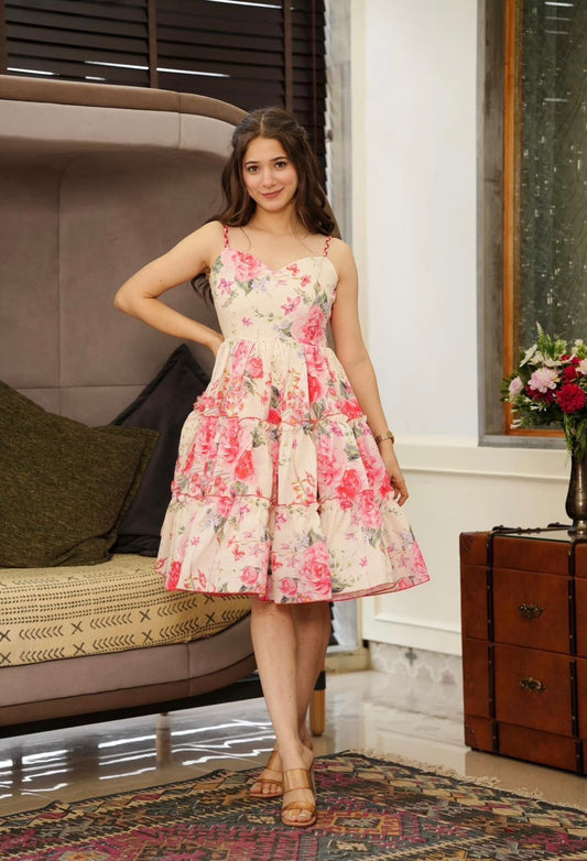 Amazing Off White Color Multi Flower Print Frock