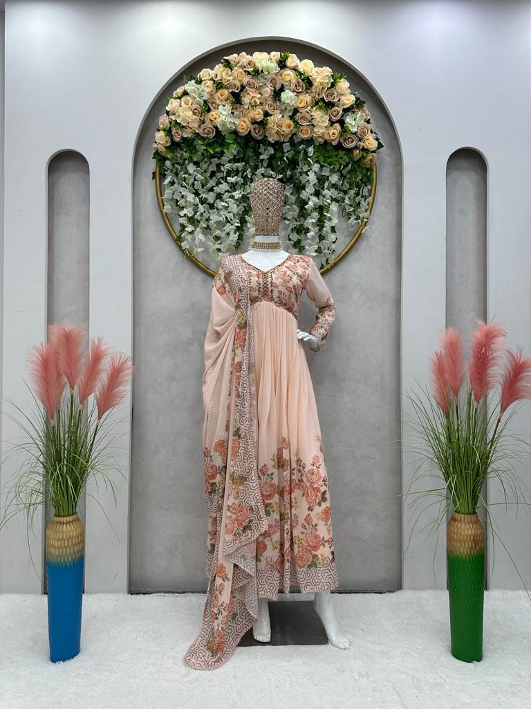 Lace Broder Work Beige Color Flower Print Gown
