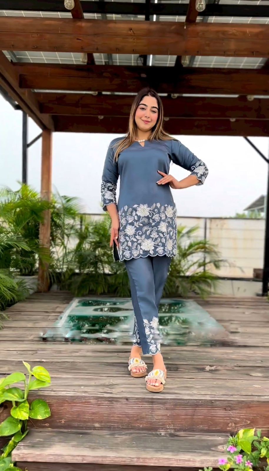 Amazing Gray Color Embroidery Work Kurti With Pant