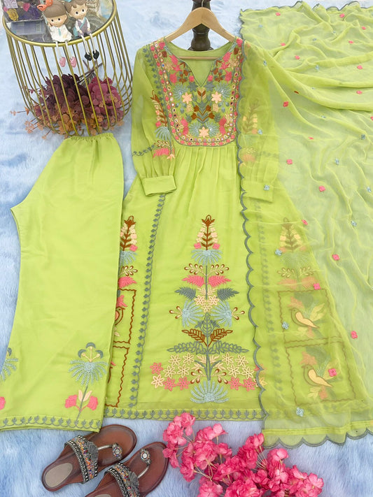 Stylish Parrot Green Embroidery Work Top With Palazzo Set