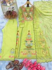 Stylish Parrot Green Embroidery Work Top With Palazzo Set