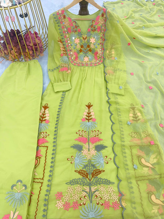 Stylish Parrot Green Embroidery Work Top With Palazzo Set