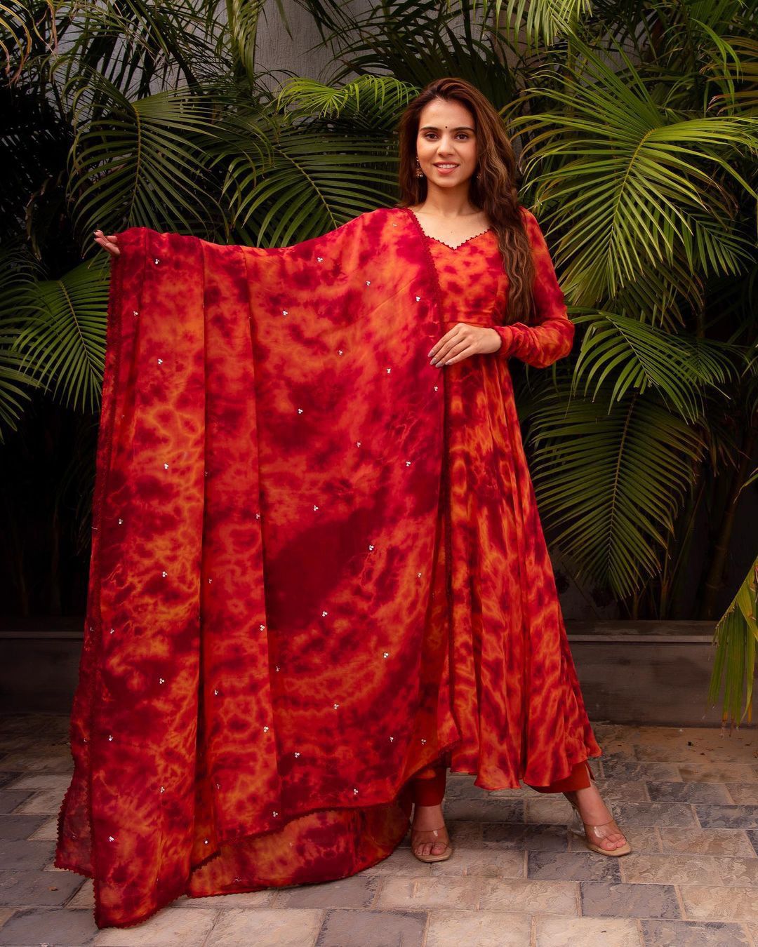 Shibori Print Orange Color Fully Stitched Gown