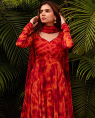 Shibori Print Orange Color Fully Stitched Gown