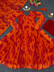 Shibori Print Orange Color Fully Stitched Gown