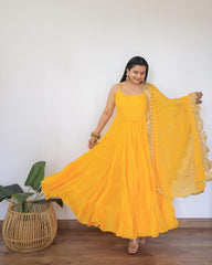 Party Wear Yellow Color Ruffle Style Gown