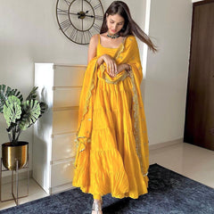 Party Wear Yellow Color Ruffle Style Gown