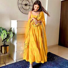 Party Wear Yellow Color Ruffle Style Gown