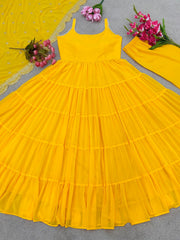 Party Wear Yellow Color Ruffle Style Gown