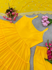 Party Wear Yellow Color Ruffle Style Gown