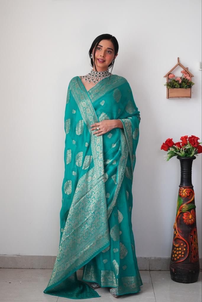 Admiring Teal Green Color Ready To Wear Saree