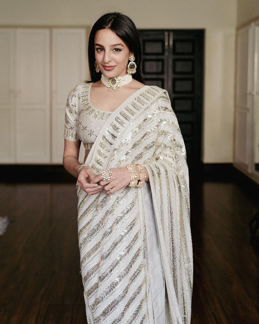 Dazzling White Color Sequence Embroidery Work Saree