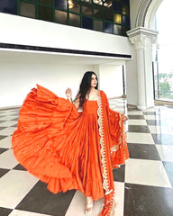 Party Wear Orange Color Ruffle Style Gown