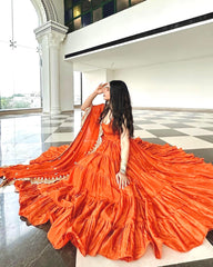 Party Wear Orange Color Ruffle Style Gown