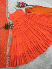 Party Wear Orange Color Ruffle Style Gown