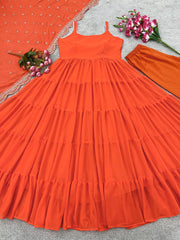 Party Wear Orange Color Ruffle Style Gown