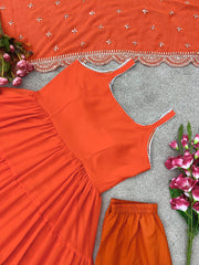 Party Wear Orange Color Ruffle Style Gown