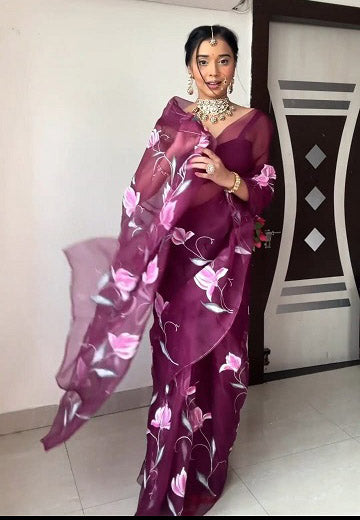 Amazing Ready To Wear Wine Color Organza Silk Saree