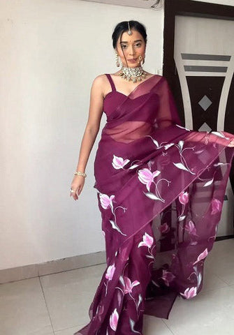 Amazing Ready To Wear Wine Color Organza Silk Saree