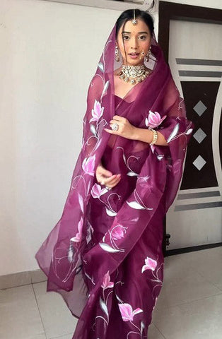 Amazing Ready To Wear Wine Color Organza Silk Saree