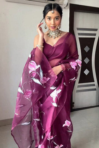 Amazing Ready To Wear Wine Color Organza Silk Saree