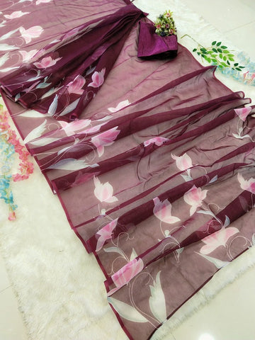 Amazing Ready To Wear Wine Color Organza Silk Saree