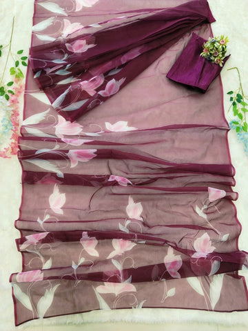 Amazing Ready To Wear Wine Color Organza Silk Saree