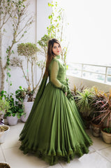 Double Layer Mehndi Green Color Gorgeous Gown