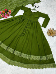 Double Layer Mehndi Green Color Gorgeous Gown